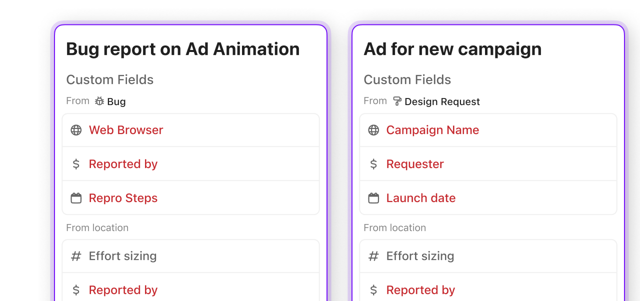 Custom fields by task type
