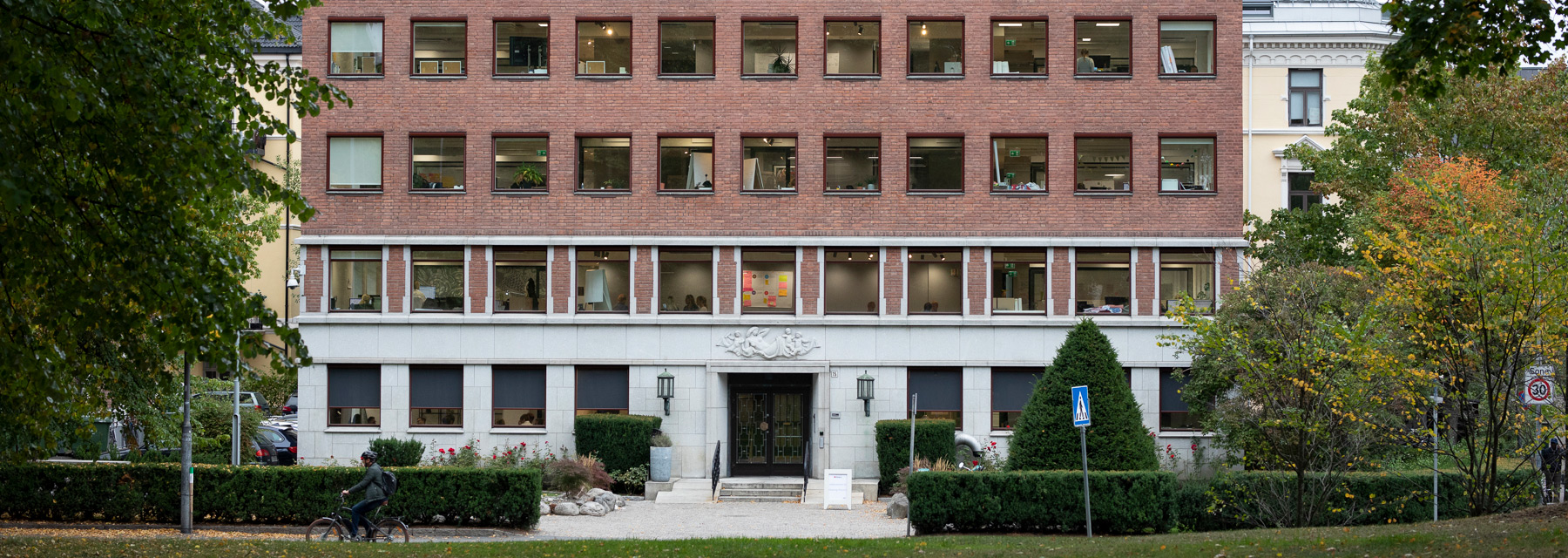 The brick exterior of the Oslo office.