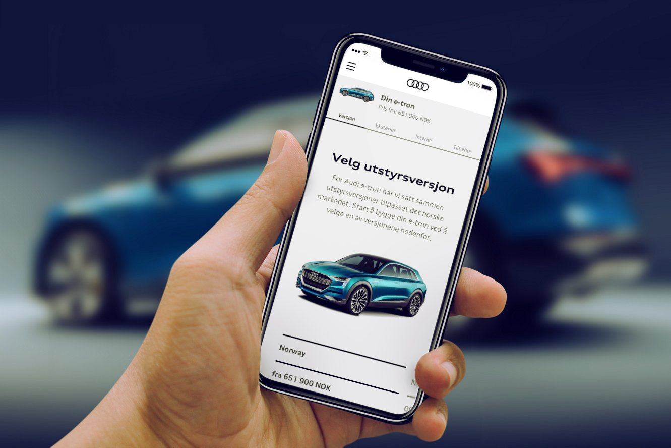 The finished Audi app accessed on an iPhone, with the Audi e-tron in the background.