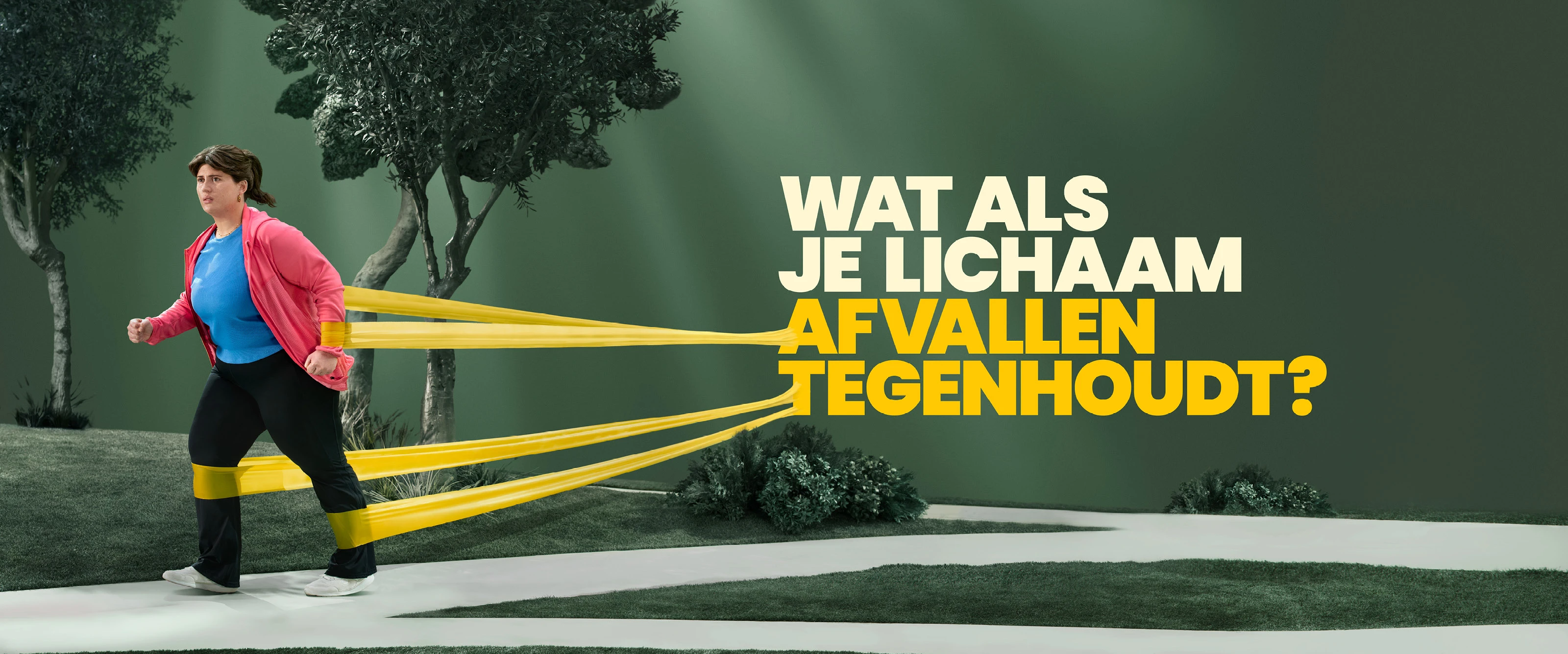 Vrouw met obesitas, vastgehouden door weerstandsbanden die verbonden zijn met de woorden: “Wat als je lichaam afvallen tegenhoudt?”