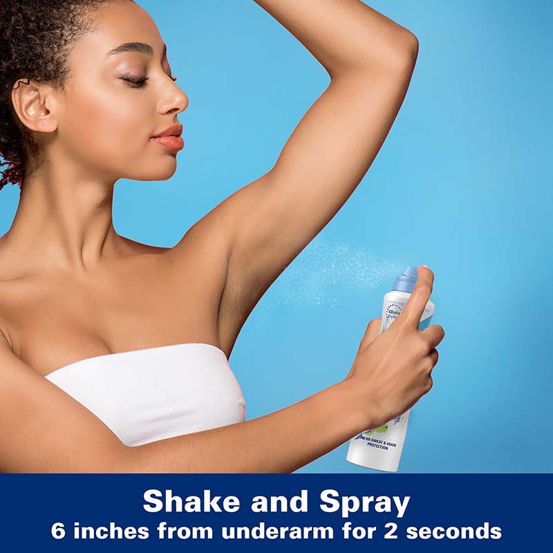 Shake and Spray - 6 inches from underarm for 2 seconds