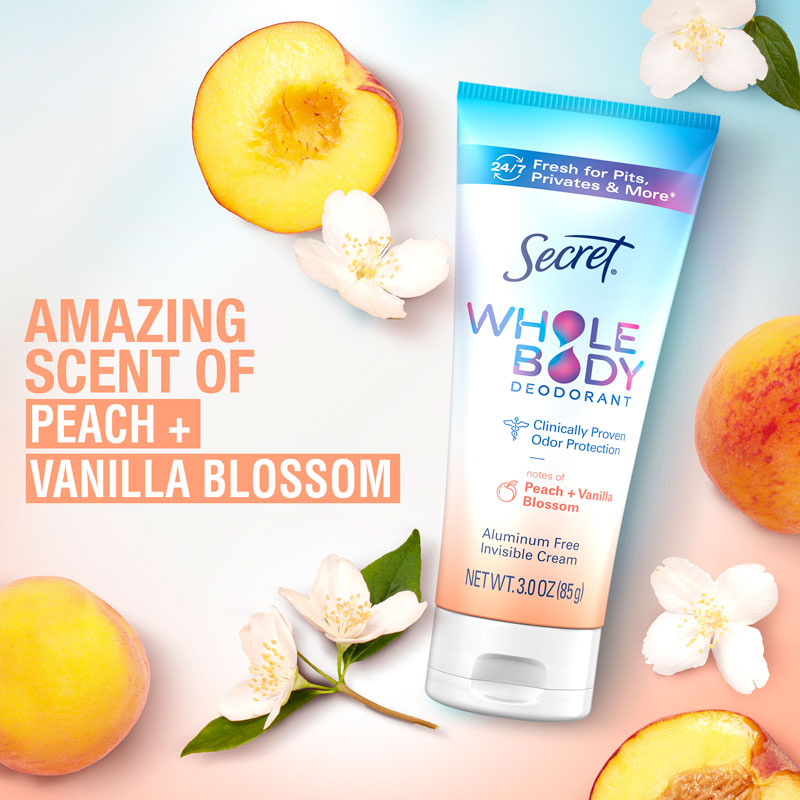 Secret Whole Body Peach & vanilla Deodorant Cream Container fruity background