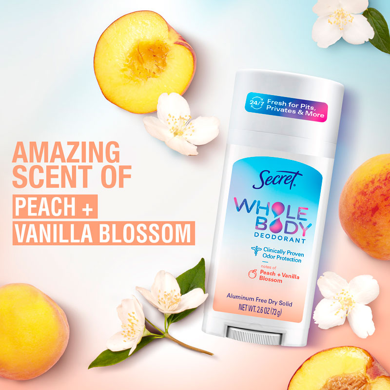 Secret Whole Body Peach & Vanilla Deodorant Stick Tube on a fruity background