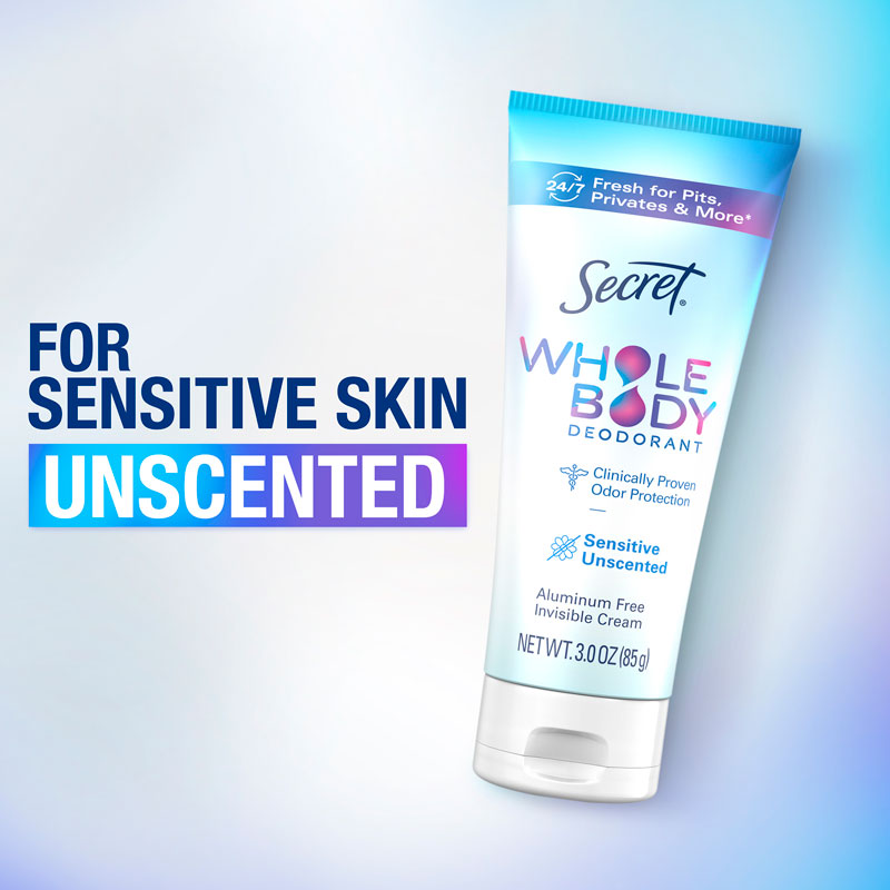 Secret Whole Body Unscented Deodorant Cream Container on a neutral background