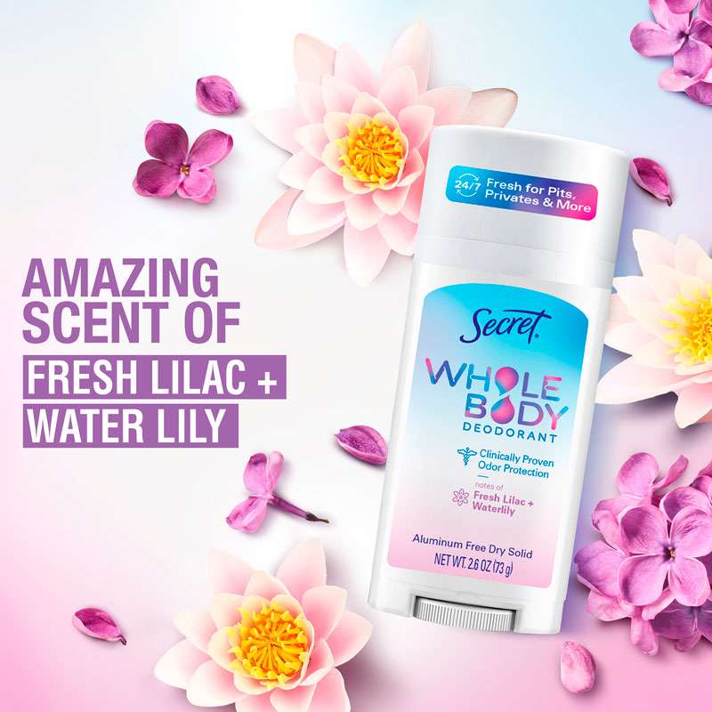 Secret Whole Body Fresh Lilac & Waterlily Deodorant Stick Tube on a flowery background