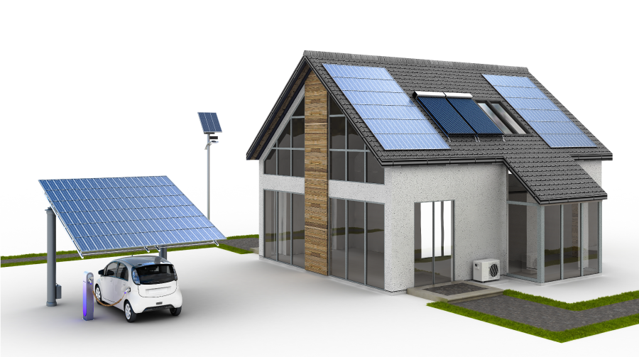 Eine Illustration von einem Gebäude mit einer Wärmepumpe und einer Photovoltaikanlage