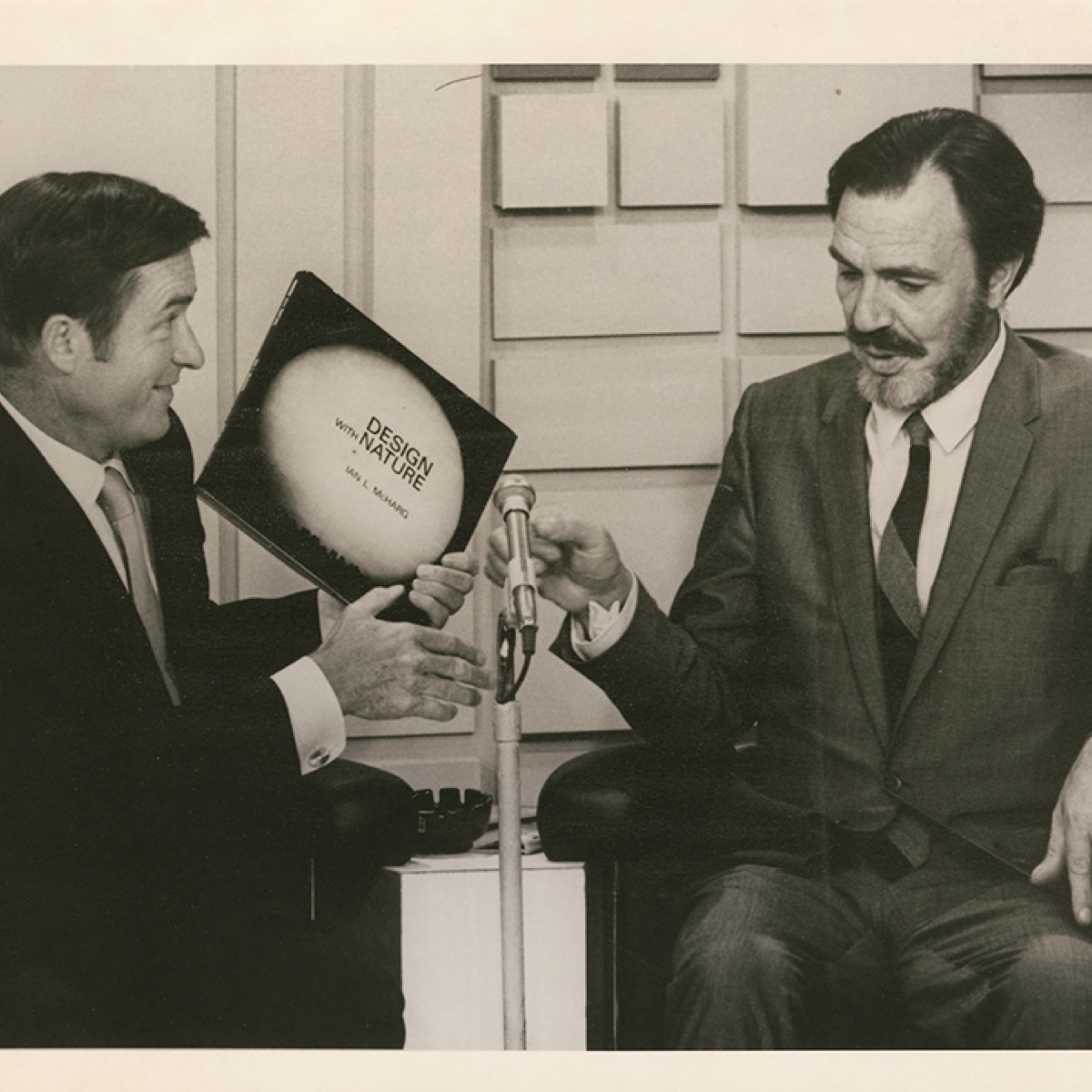 McHarg (right) appearing on television to promote his book. McHarg was the founder of the landscape design program at the University of Pennsylvania. Image via the University of Pennsylvania Architectural Archives.