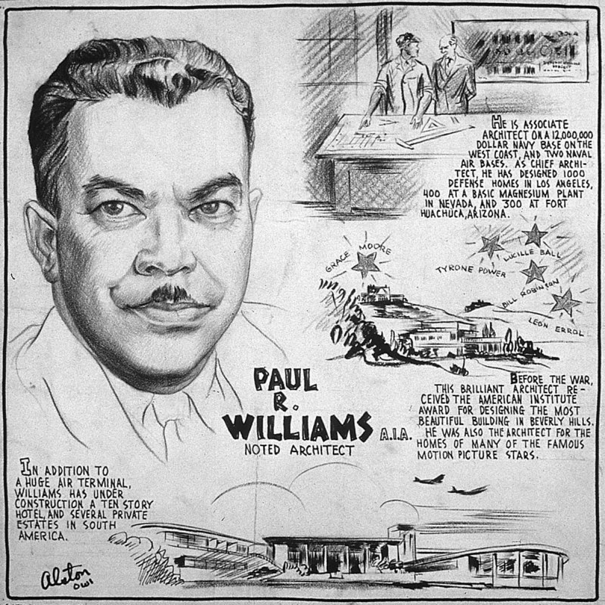An illustrated guide to Williams, created during his time working for the Army Corps of Engineers. Image via the Paul Revere Williams Project.