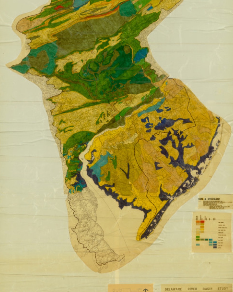 The layered method of analysis, hand-drawn. Each color represents aspects of the soil, water, or landscape. This method became the basis for GIS software, used by most design professionals. Image via the University of Pennsylvania Architecture Archives.