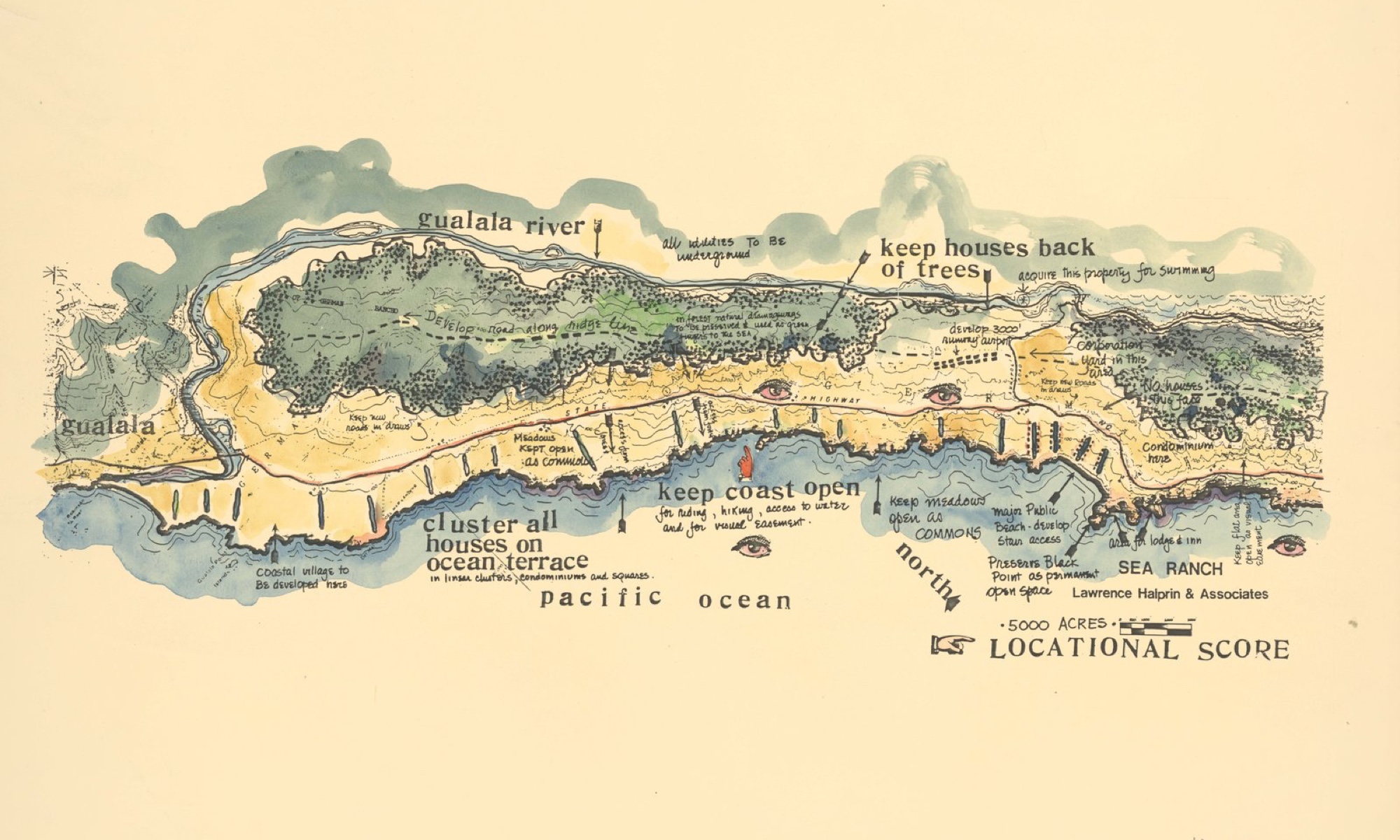 A drawing of the Sea Ranch property, incorporating key principles of the community. Via the Lawrence Halprin archive at the University of Pennsylvania.