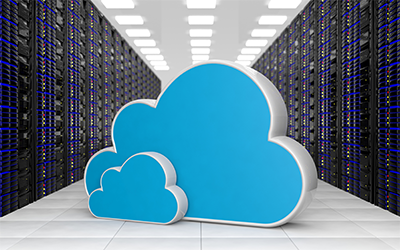 RFC6349 blog image, datacenter with servers with 2 clouds between servers