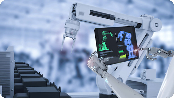 webinar-tsn-testing-challenges-solutions-spirent Robot in industrial environment holding tablet configuring automated production stages.