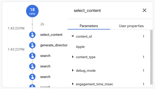 A screenshot of Firebase DebugView with new searches and selection data streaming in. 