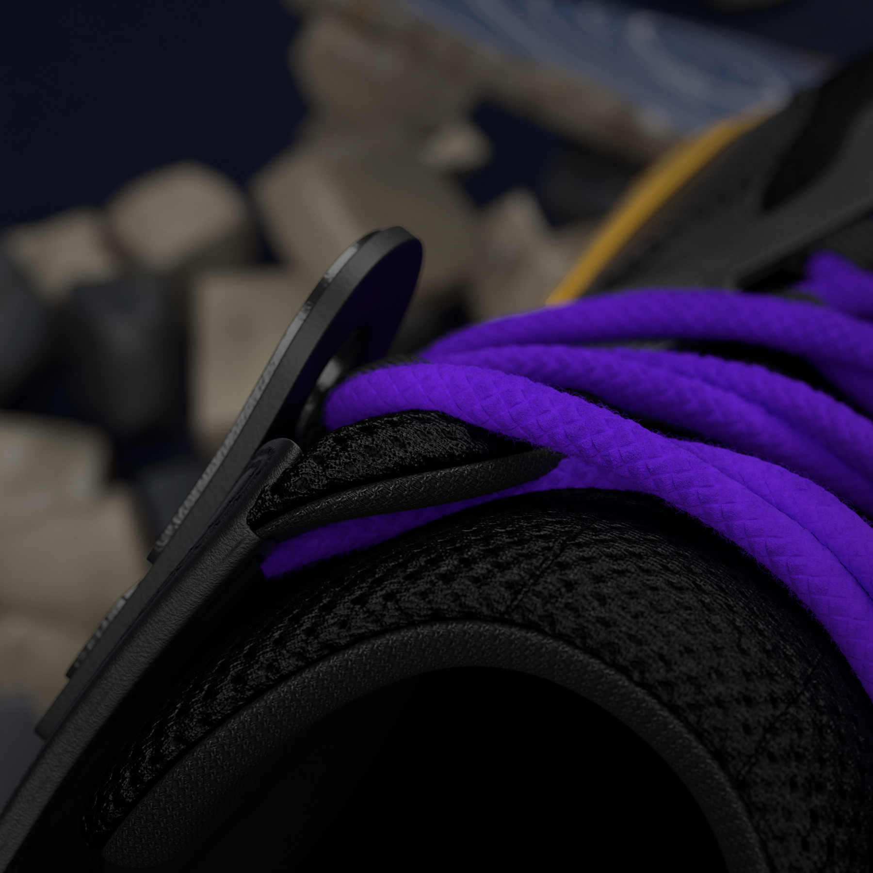Sneaker's laces detail, close up top view.