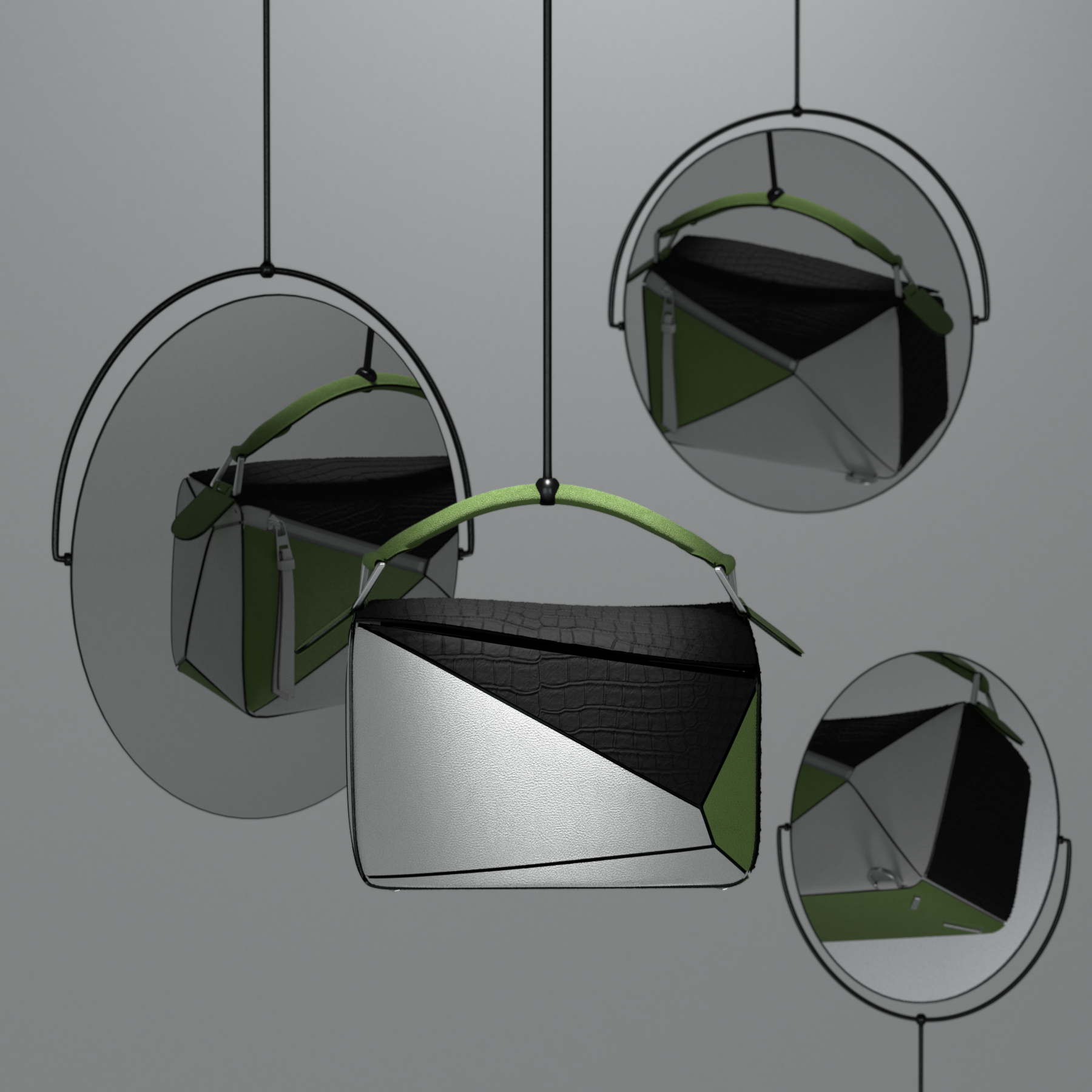 Front view of the puzzle bag surrounded by mirrors