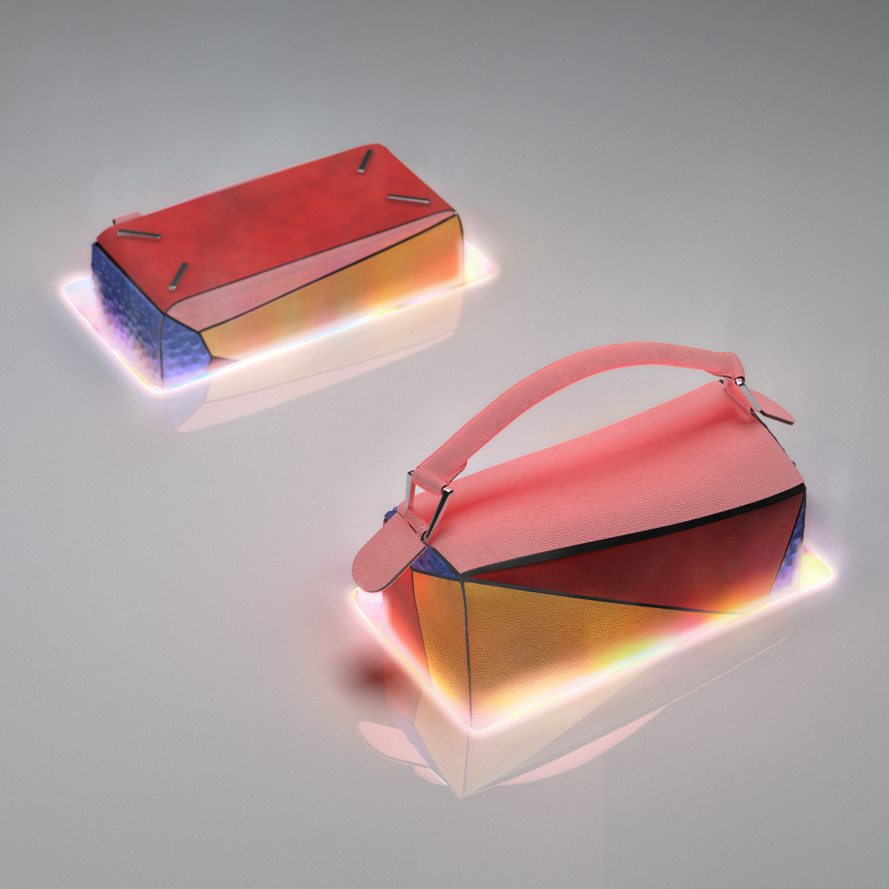Perspective view of the bag going through light portals
