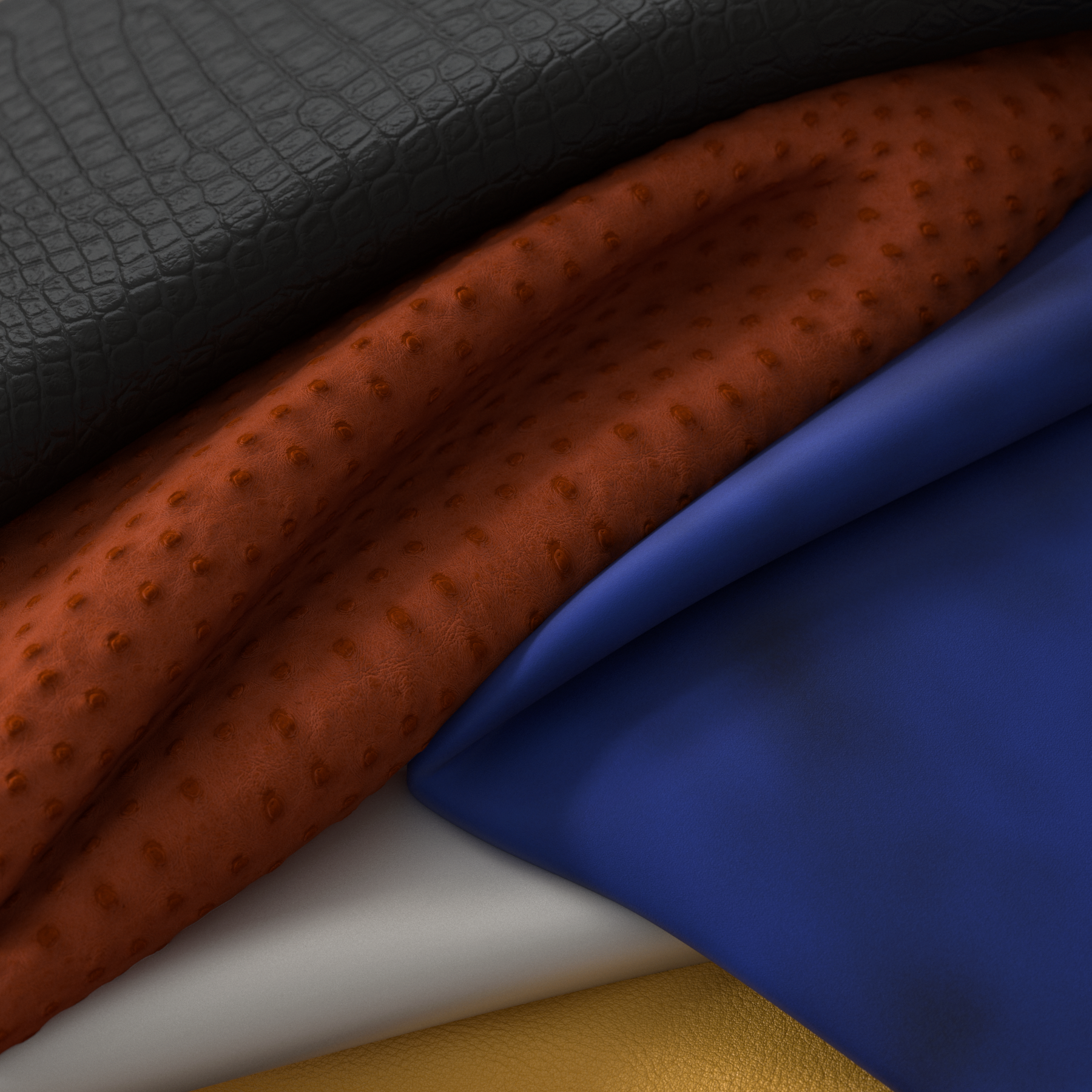 Close-up of different materials - crocodile, leathers and suede