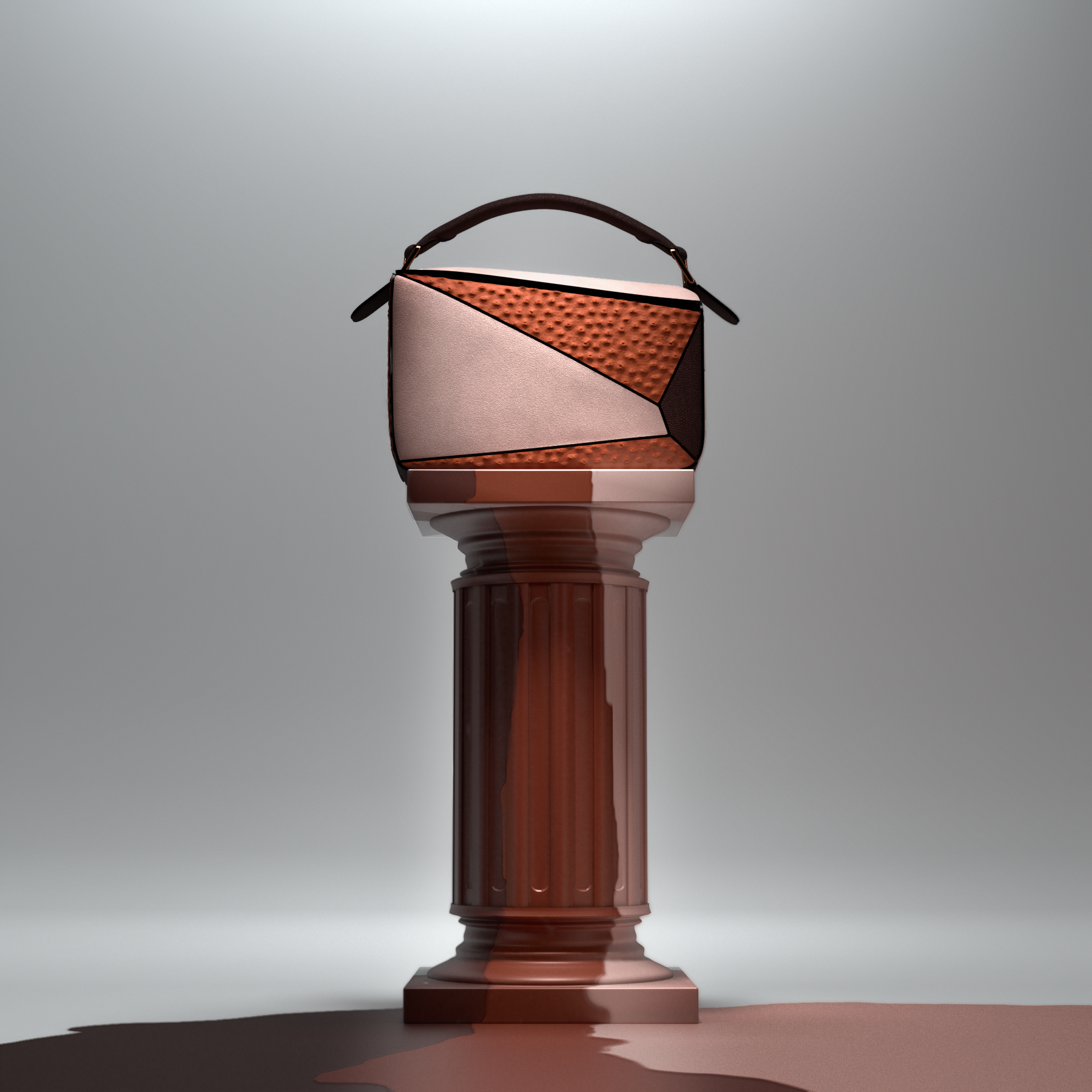 Puzzle Bag in brown and beige tones on top of a roman column