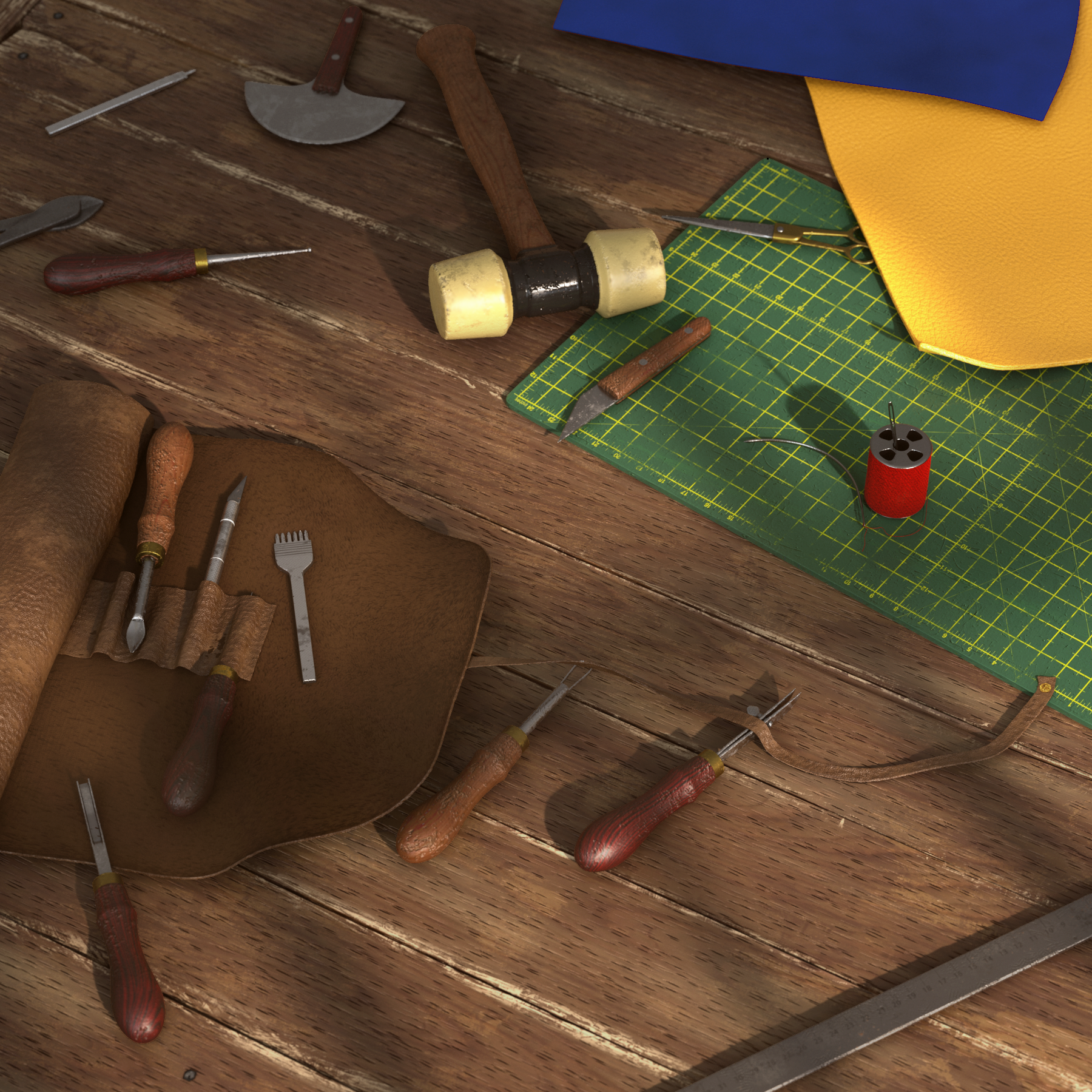 Wooden table with leathercraft tools and materials on top