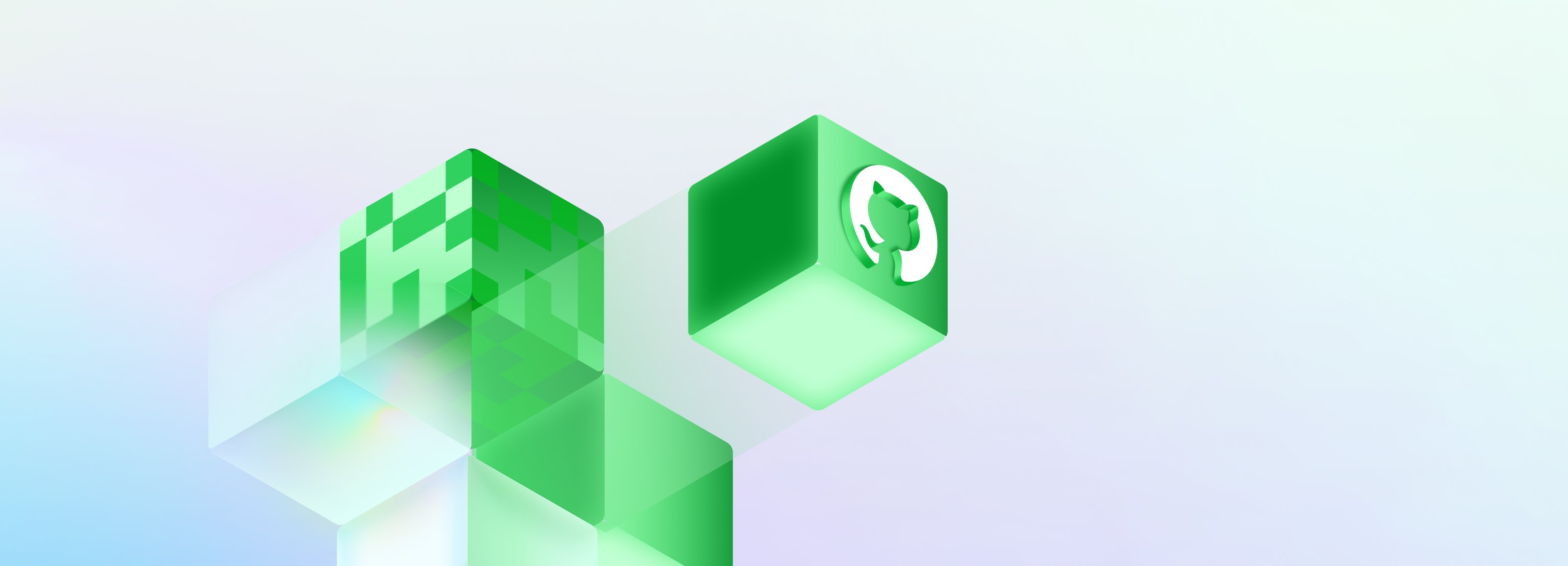 Abstract illustration of translucent green cubes featuring the GitHub logo on a soft gradient background.