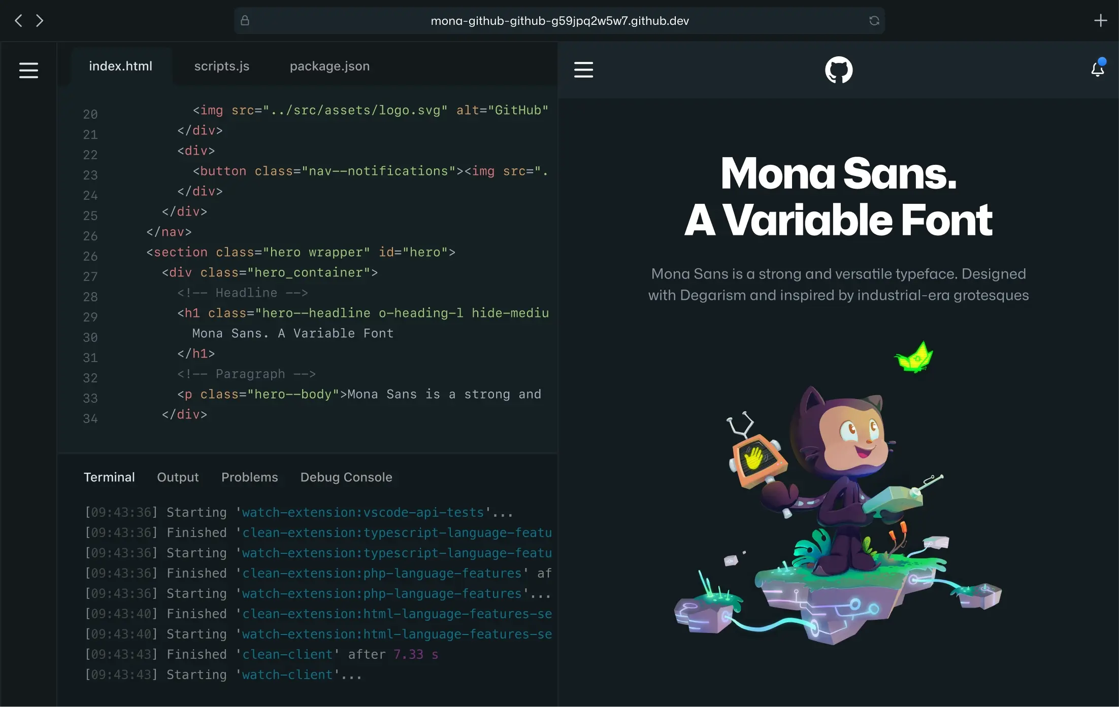 The image shows a code editor with an HTML file on the left and a webpage preview on the right. The preview features "Mona Sans. A Variable Font" as the main heading, followed by a description: "Mona Sans is a strong and versatile typeface. Designed with Degasrim and inspired by industrial-era grotesques." Below this text, there is an illustration of a character resembling an octopus holding various tools. The image demonstrates real-time editing and previewing of web content, useful for developers working on web design or front-end development projects.