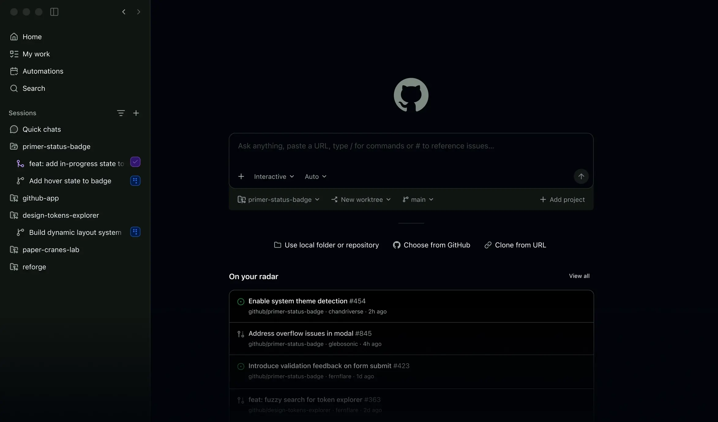 GitHub Copilot App home screen showing sessions, repositories, a prompt box, and recent issues.