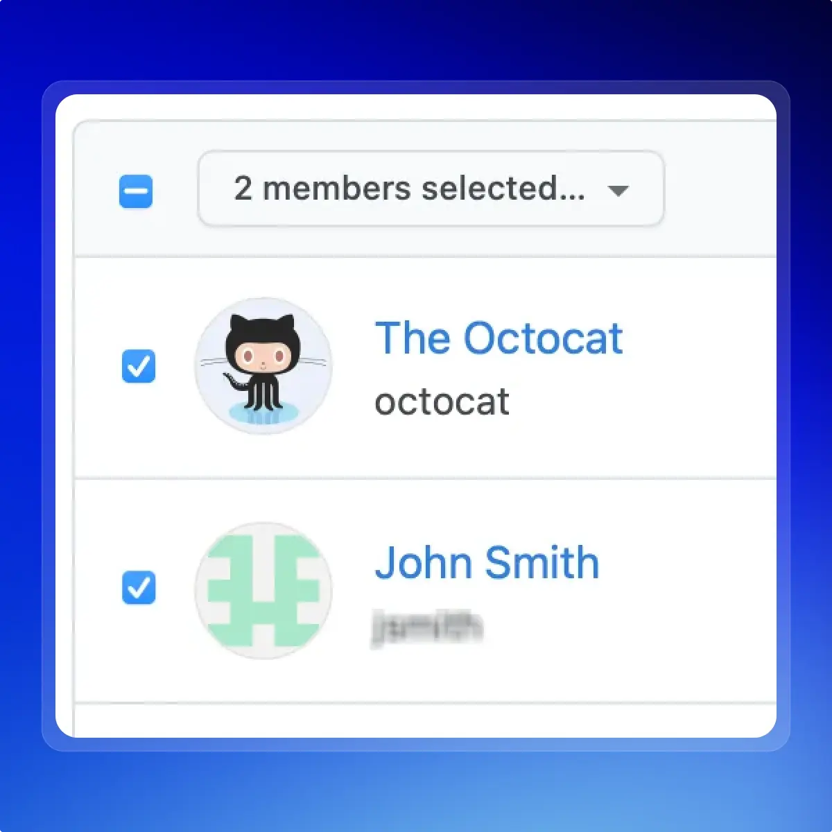 GitHub member selection interface showing two selected members, including The Octocat and John Smith.