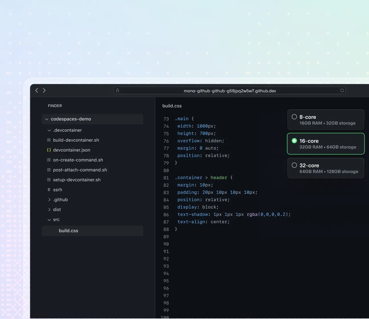The image shows a GitHub Codespaces demo interface with a file explorer on the left and a CSS file open on the right. The CSS code styles elements like containers and headers. At the top right, there are options for different core configurations: 10-core with 32 GB RAM and 64 GB storage or 32-core with 64 GB RAM and 128 GB storage. This setup demonstrates real-time editing and previewing of web content, useful for developers working on web design or front-end development projects. Below the editor, there are logos for popular development tools and extensions, including IntelliCode, Golang, Live Server, Prettier, Debugger for Java, Azure Cloud Shell, Docker, Azure Repos, Copilot, GitLens, Azure Artifacts, Azure Test Plans, Python, and PowerShell.