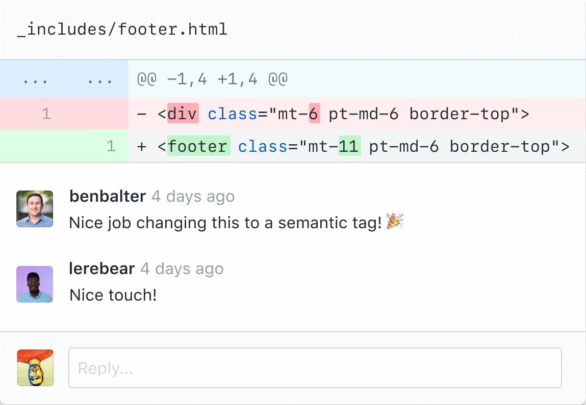 GitHub pull request conversation showing a code diff where a <div> element is replaced with a semantic <footer> element. Below the change, two reviewers leave positive comments praising the update, and a reply field appears at the bottom of the discussion.