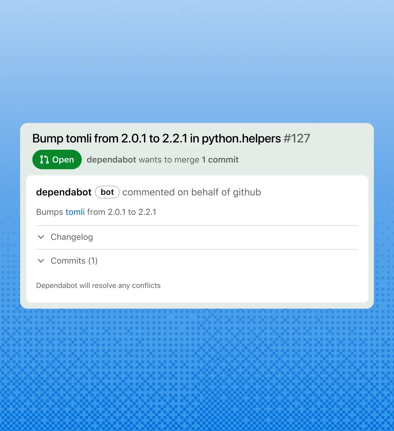 The image shows a GitHub pull request notification from dependabot. The title of the pull request is "Bump tomli from 2.0.1 to 2.2.1 in python.helpers #127". The status of the pull request is "Open" and it indicates that dependabot wants to merge 1 commit. Below, there is a comment from dependabot on behalf of GitHub stating "Bumps tomli from 2.0.1 to 2.2.1". There are expandable sections for "Changelog" and "Commits (1)". A note at the bottom states that Dependabot will resolve any conflicts.