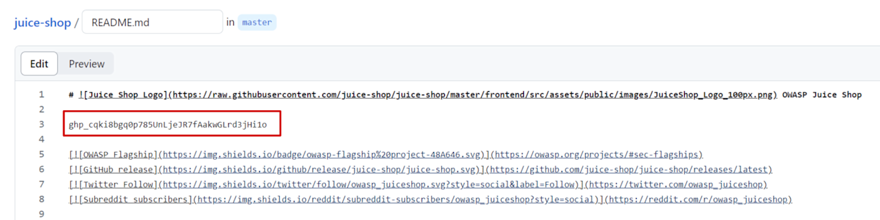 Screenshot of secret in Readme.md file