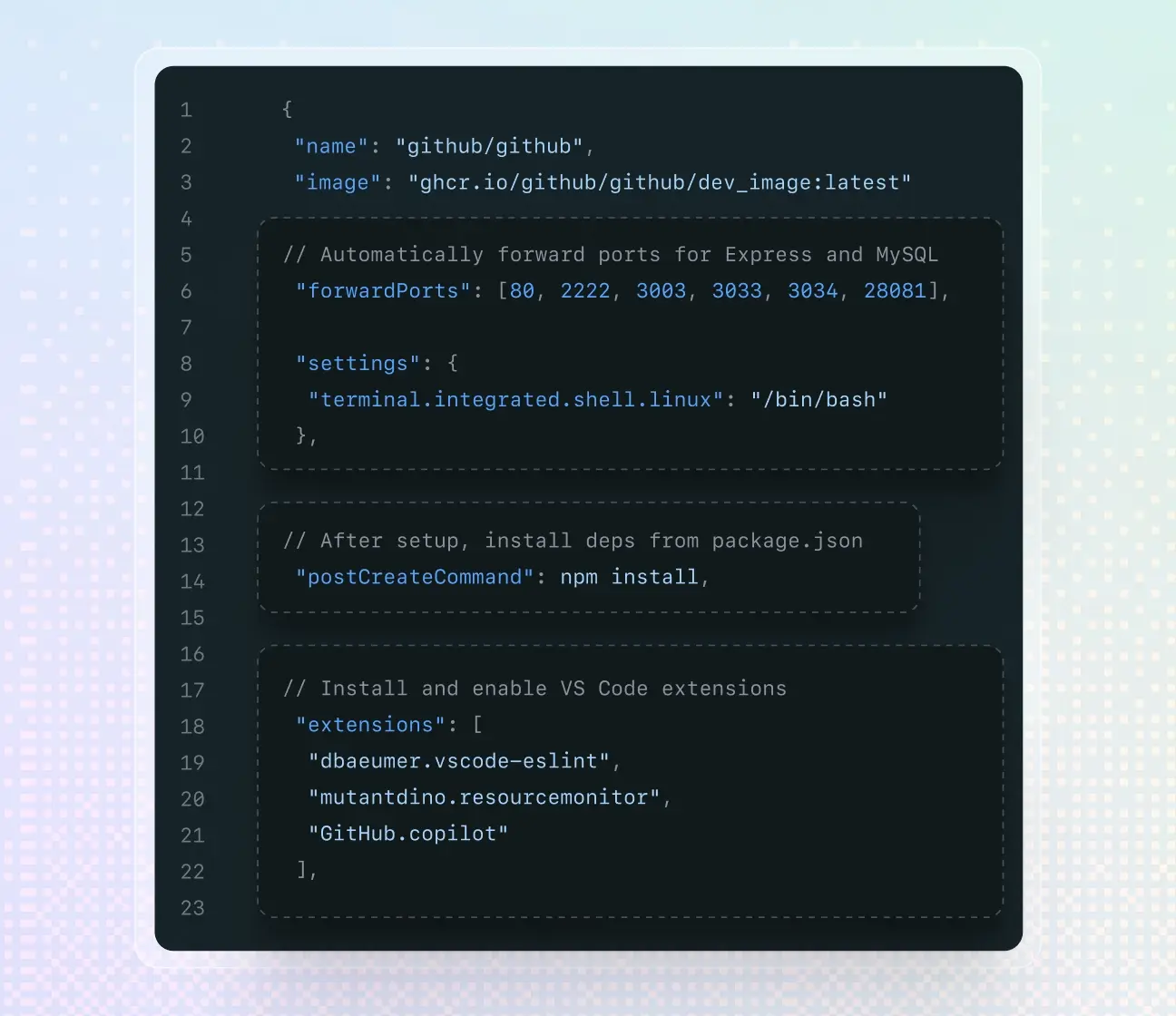 The image displays a JSON configuration file for setting up a development environment. It includes settings for forwarding ports (80, 2222, 3003, 3033, 3040, 28081), installing dependencies with the command "npm install," and enabling Visual Studio Code extensions. The terminal setting is configured to use "/bin/bash".