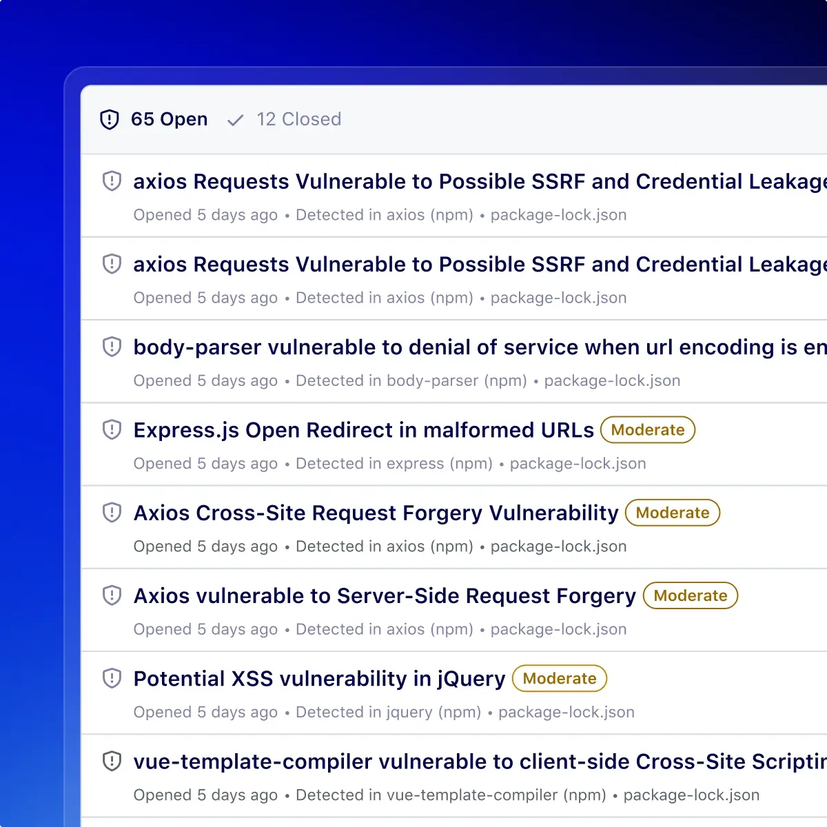 GitHub Dependabot alerts showing 65 open and 12 closed vulnerabilities, including SSRF, cross-site scripting, denial-of-service, and open redirect issues in npm dependencies.