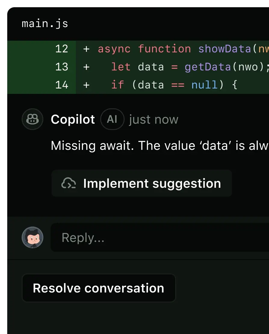 Copilot suggests adding await to a fetch call to fix asynchronous behavior and shows a reviewer selection panel.
