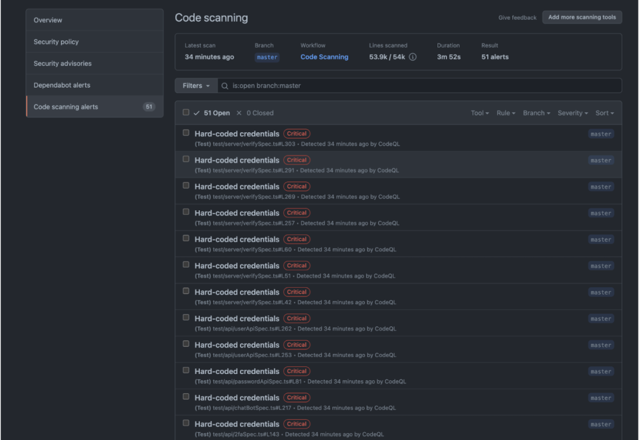 Image showing code scanning alerts page