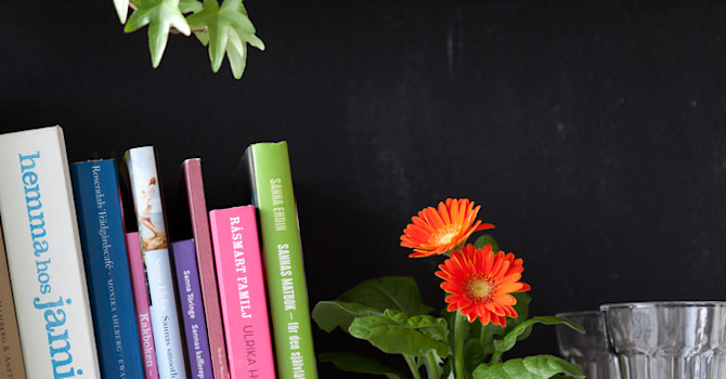 Gerbera, _Gerbera x cantabrigiensis_, gör sig fint i bokhyllan!
Foto: Blomsterfrämjandet/Minna Mercke Schmidt