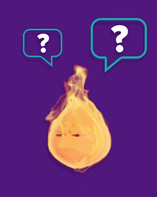 Animated flame character with facial features on a purple background, accompanied by with two speech bubbles containing question marks.