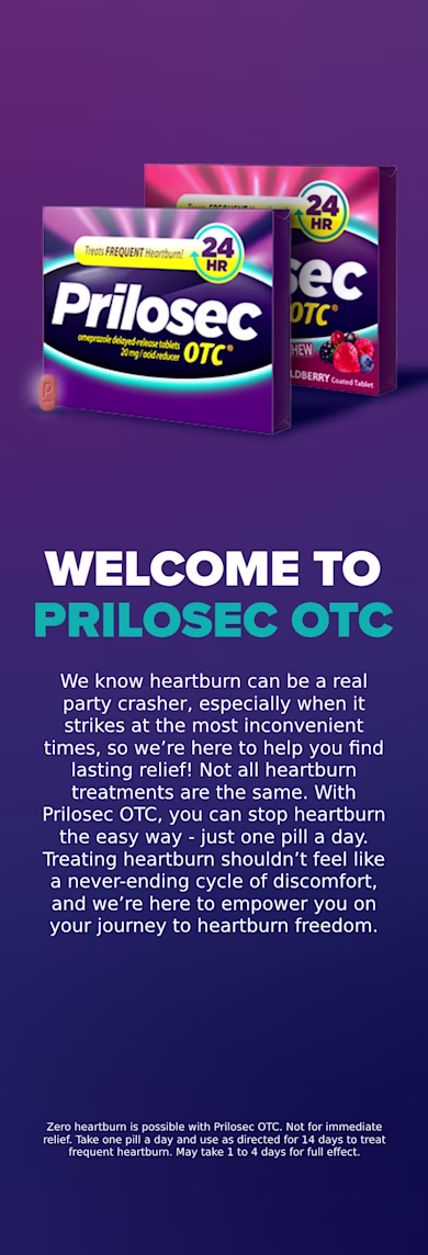Packages of PrilosecOTC 20mg Original and Wildberry coated tablets to treats frequent heartburn a pink pill on purple and pacific blue gradient background with the text "WELCOME TO PRILOSEC OTC