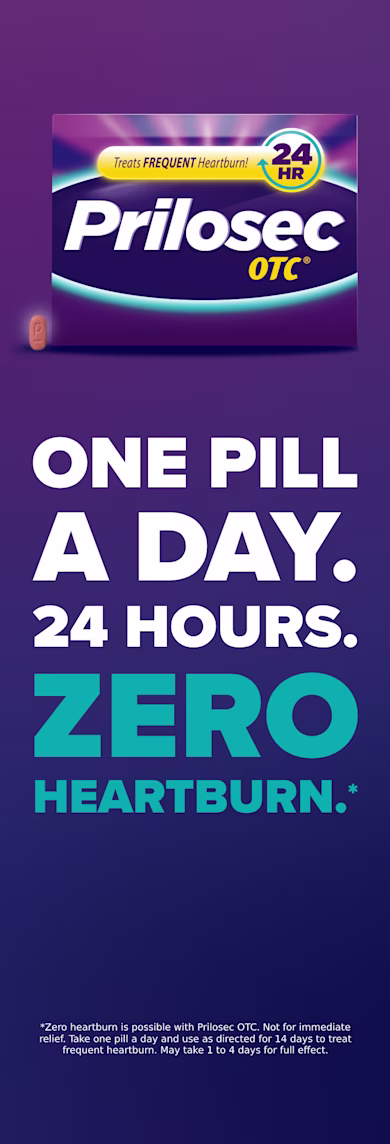 Text "One Pill a Day. 24 Hours. Zero Heartburn" with PrilosecOTC tablets packaging, an orange pill marked 'P' on purple background.