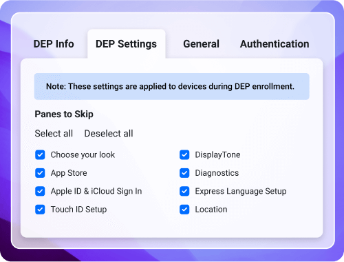 App screen that shows DEP settings