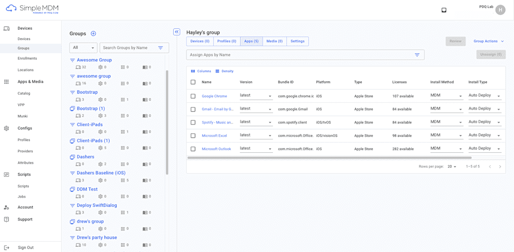 Screenshot of an app assignment group in SimpleMDM.