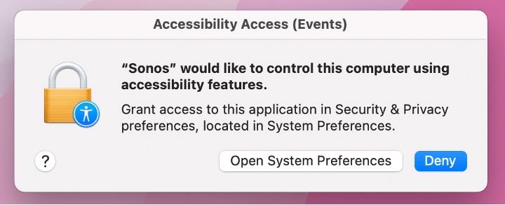 Example of an accessibility access prompt on MacOS