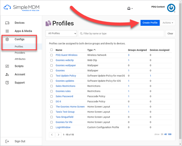 Open the profiles menu and click the Create Profile button to create a new profile in SimpleMDM.
