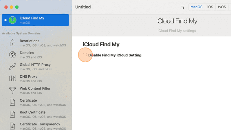Screenshot of iMazing Profile Editor interface showing the Disable Find My iCloud Setting option.