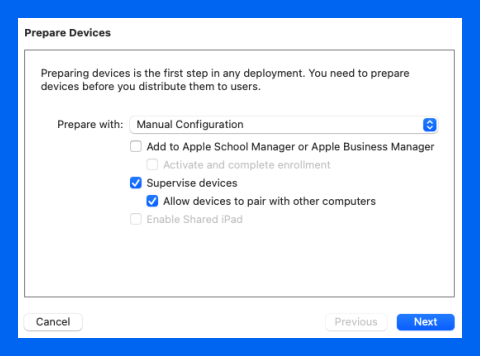 Select Manual Configuration from the drop down, select Supervise devices and allow devices to pair, and do not check Add to ASM or ABM