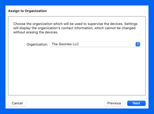 Assign to organization screen in Apple Configurator