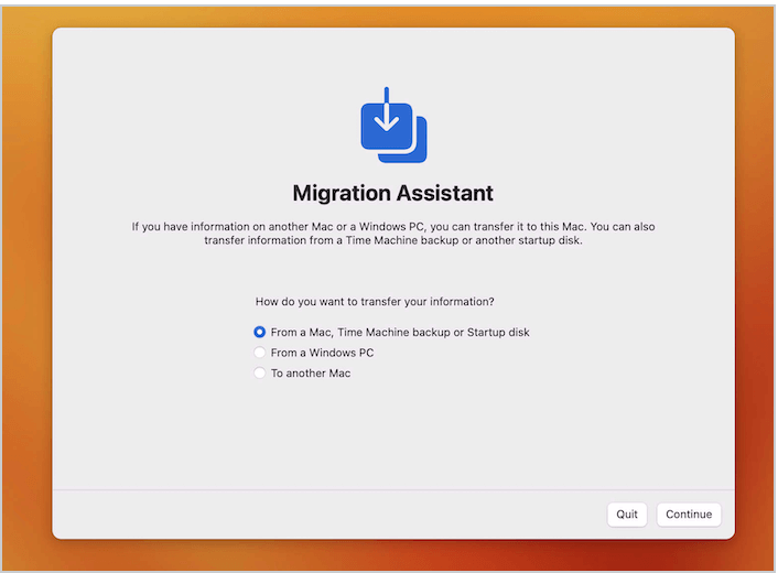 Screen shot of Migration Assistant's "How do you want to transfer your information?" panel.