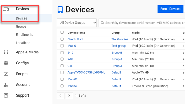 Opening the device panel to view your list of managed devices.
