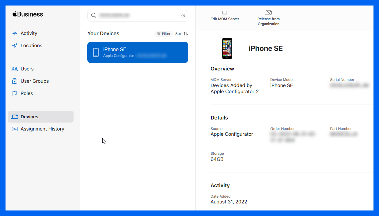 Device window in Apple Business Manager