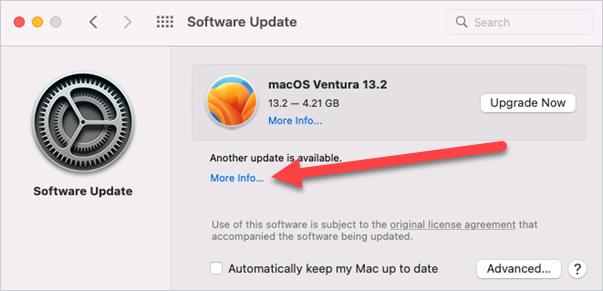 At the software update screen, you can upgrade to the latest OS versions, or click More Info to access security updates.